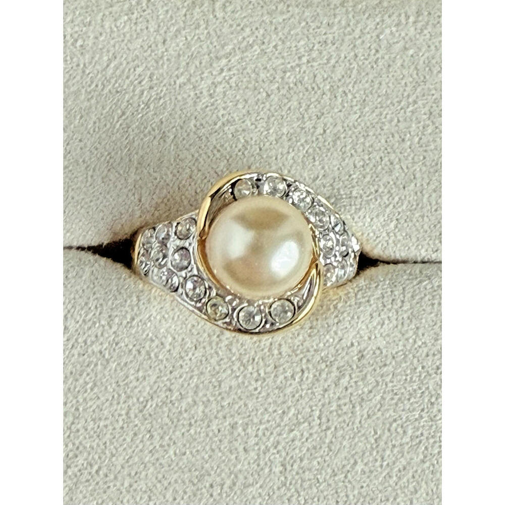 New 14k HGE Simulated Pearl Ring w/CZ Accents, Swirl Design, Size 6 Old Stock